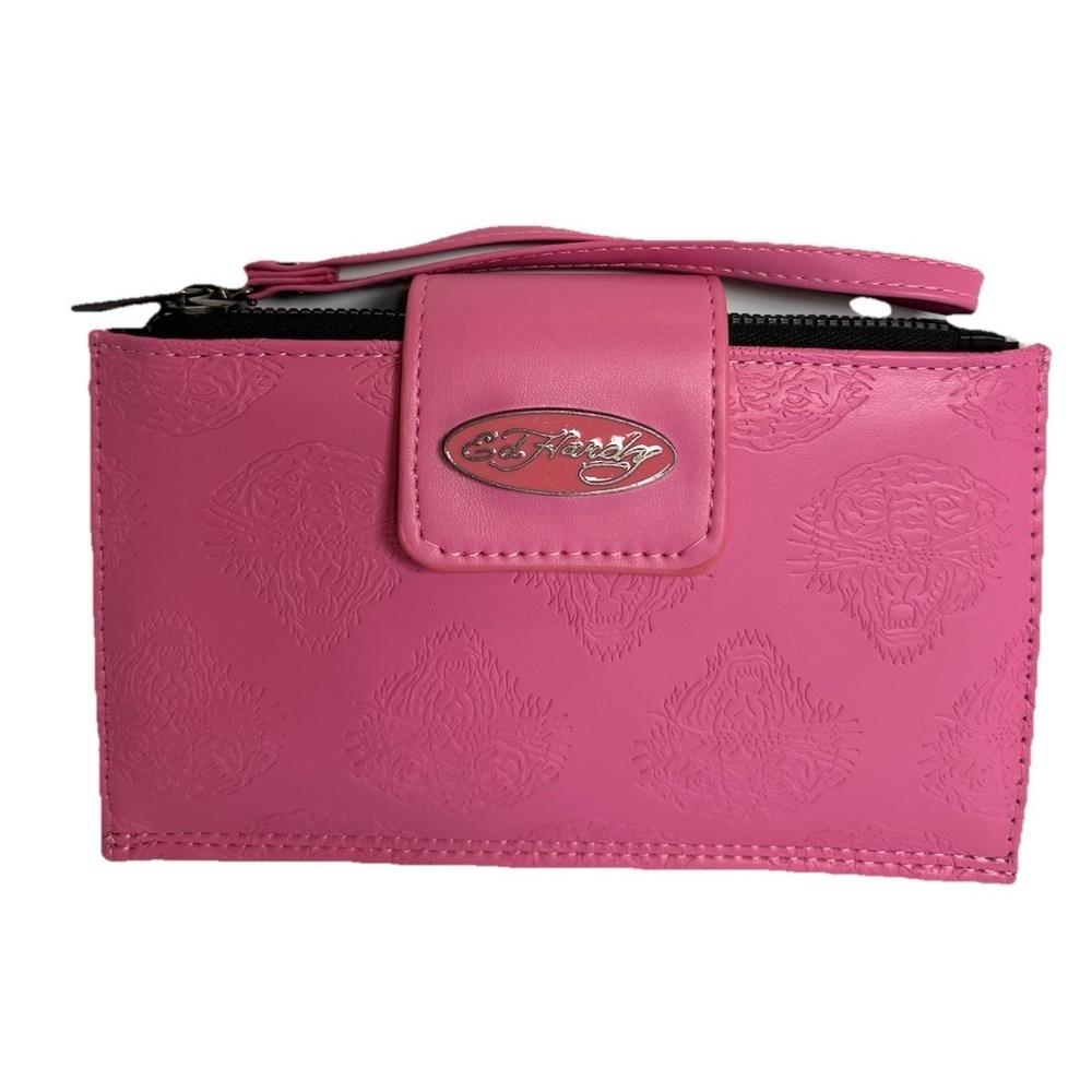 Ed Hardy Pink Tiger Embossed Wallet Wristlet Zip Around Y2K Coquette